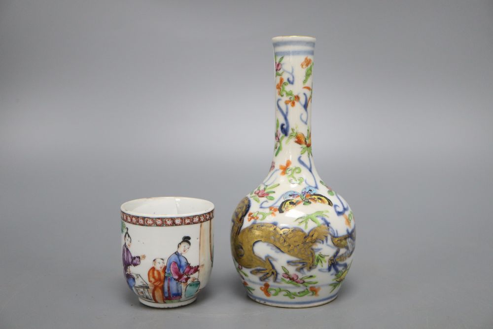 An 18th century Chinese famille rose teacup and a 19th century bottle vase, height 16.5cm